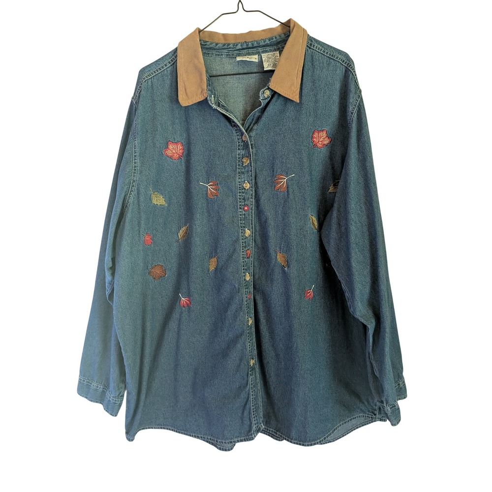 Fall Leaf Button Denim Shirt Women 26-28W Cottagecore Embroidered Halloween Cute